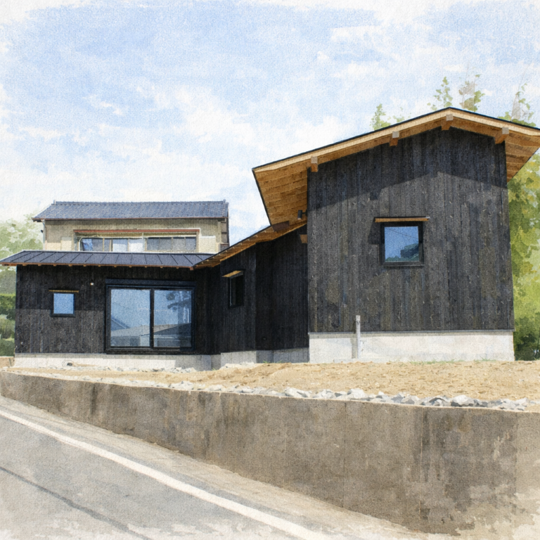 焼き杉外壁の平屋