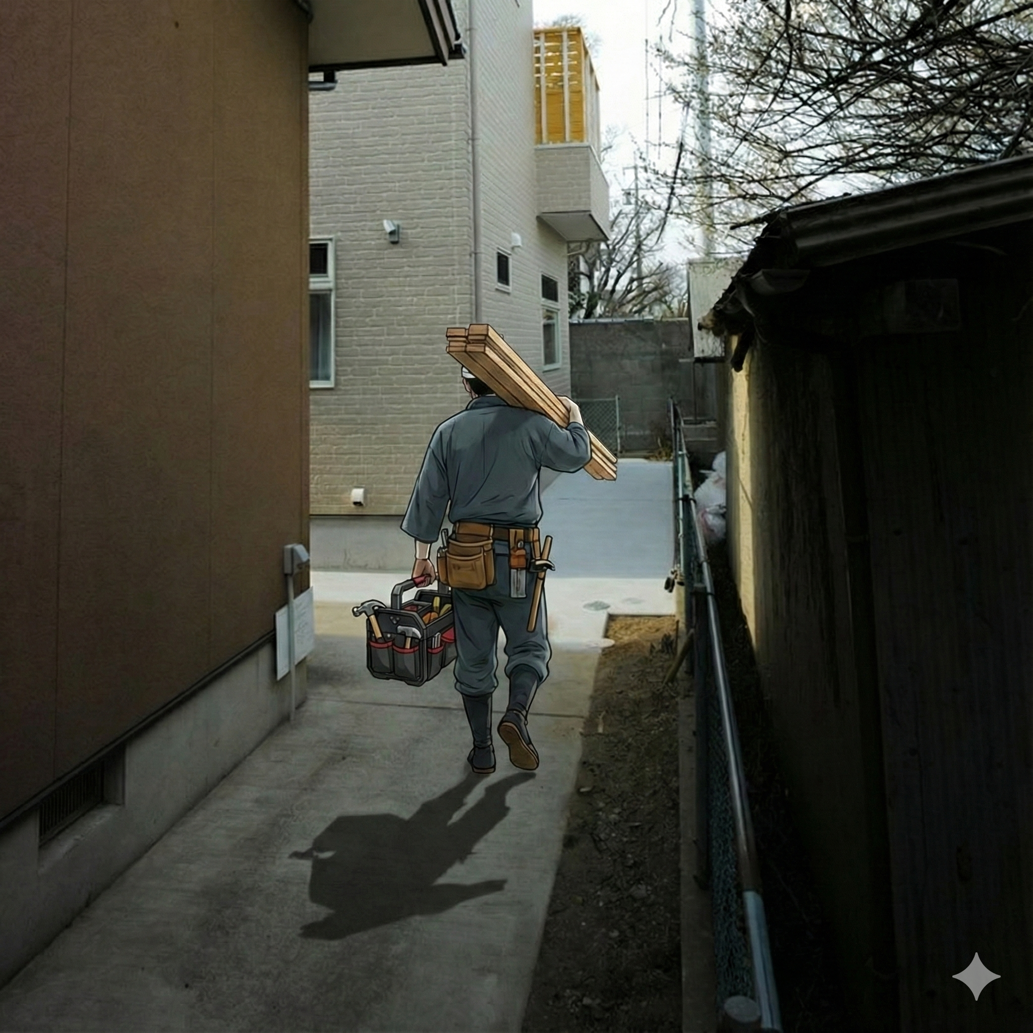 狭い進入路の先の明るい2階建てはなれ