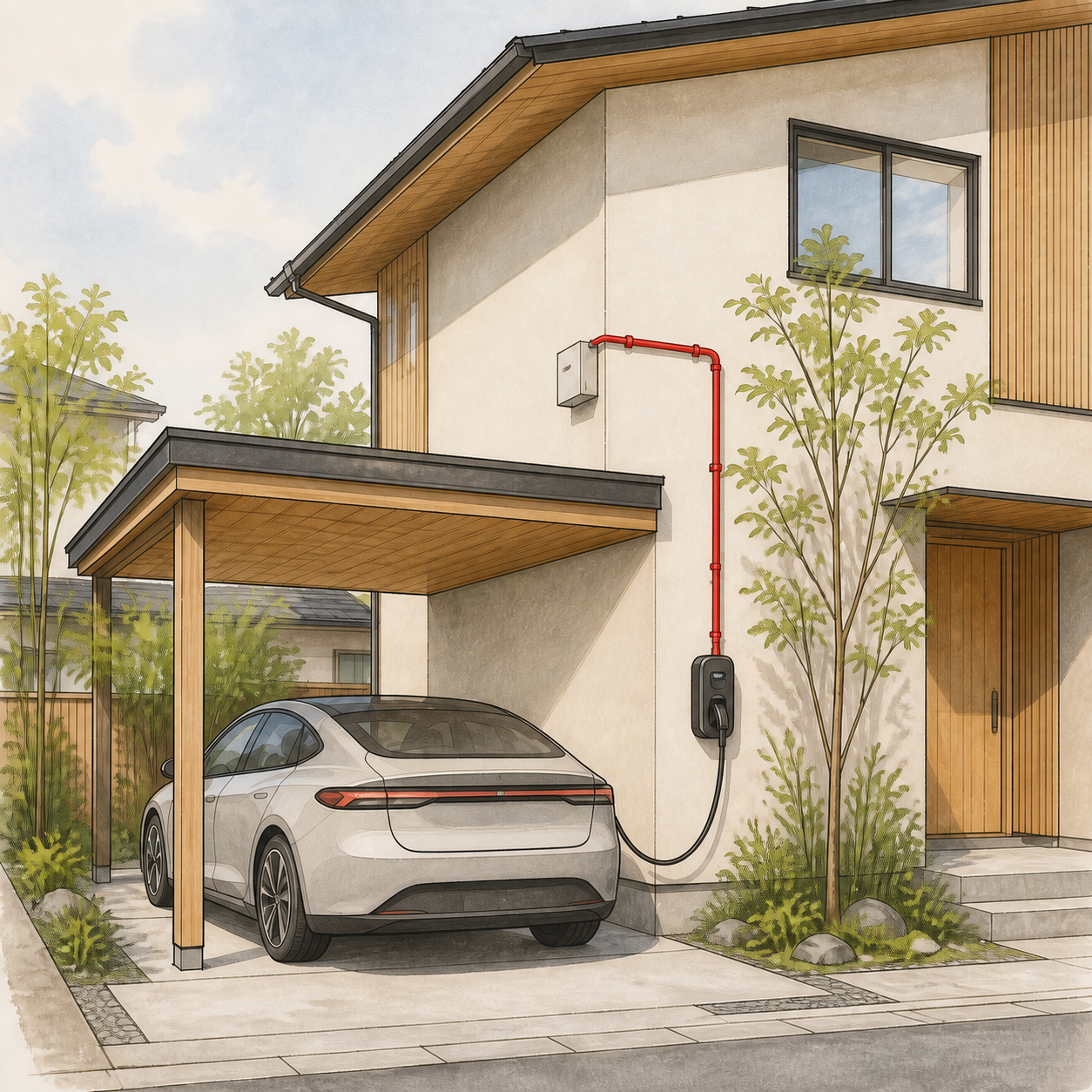 住宅の外壁に設置したEV充電器から、駐車中の電気自動車を充電している説明用イラスト