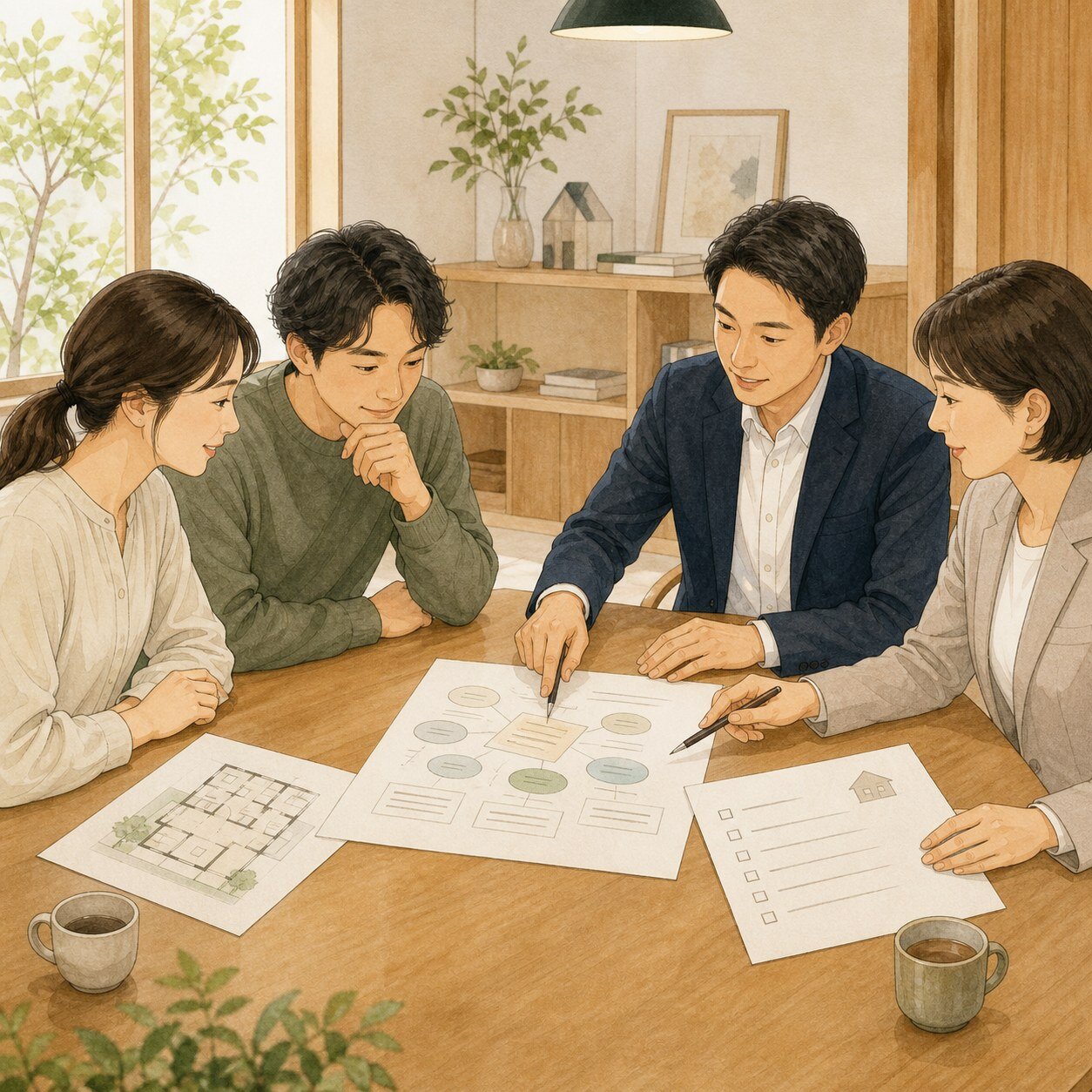 一つの家計表を夫婦と二人の相談員が囲み、異なる視点から検討しているイラスト