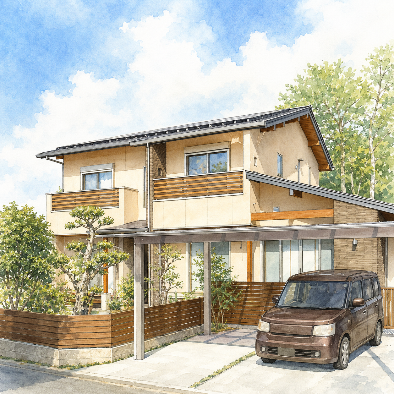 丸太梁と葦天井のある和の家