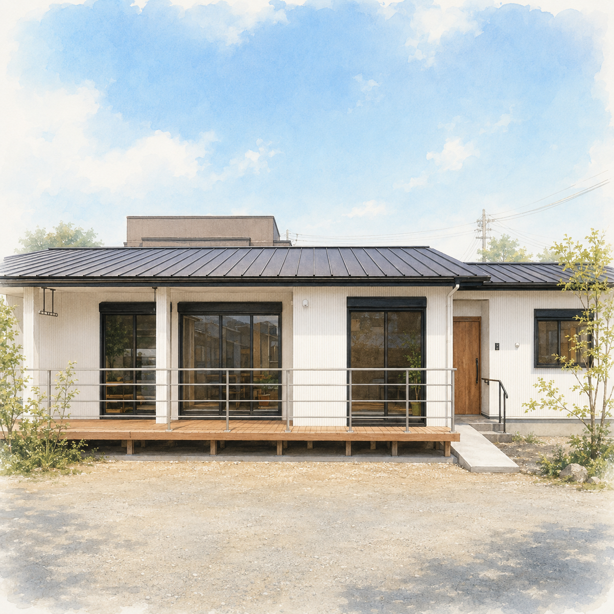 杉板の壁と造作棚に囲まれた平屋