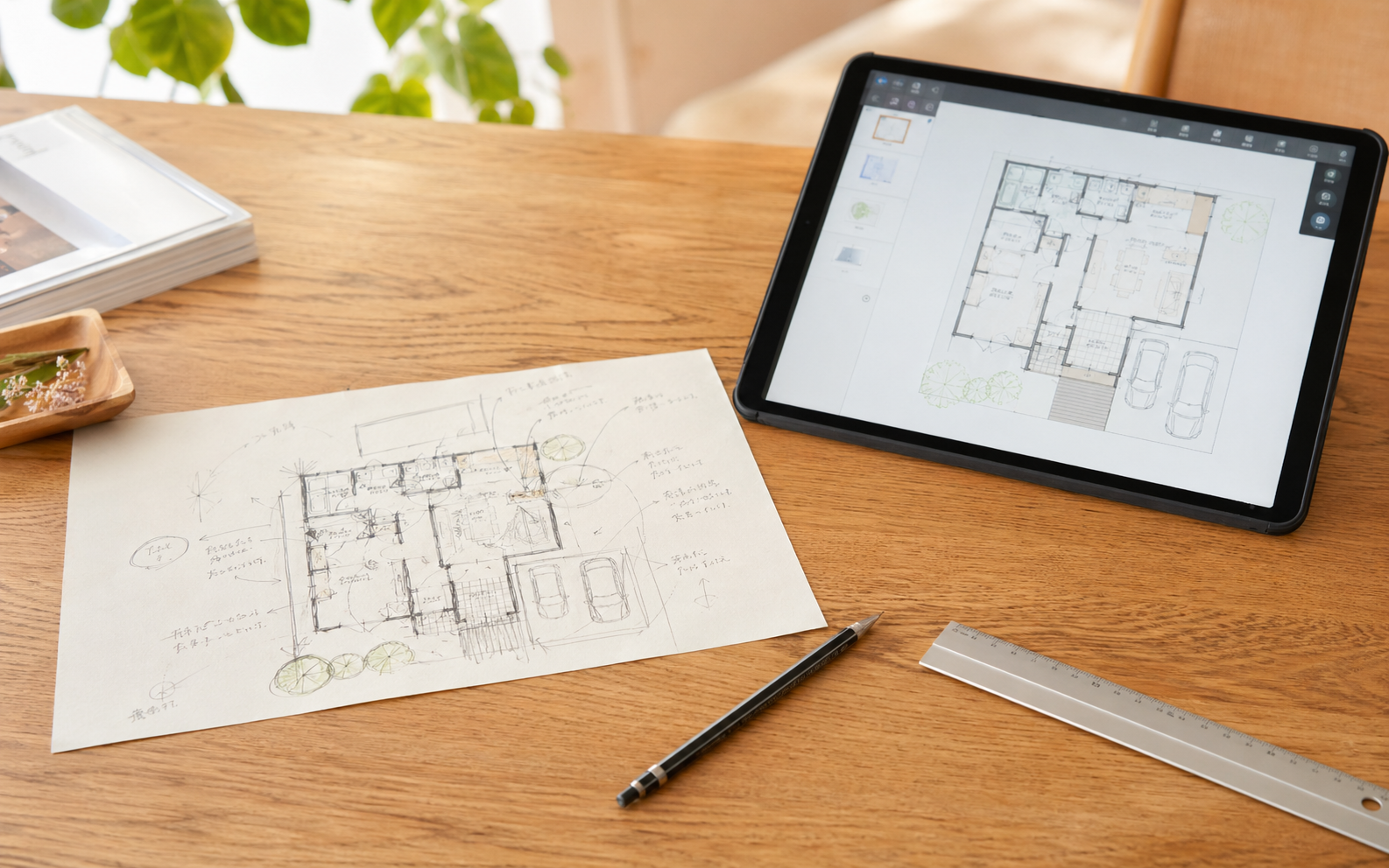 手書きの間取りメモとタブレット上の間取りソフトが並ぶ机の様子